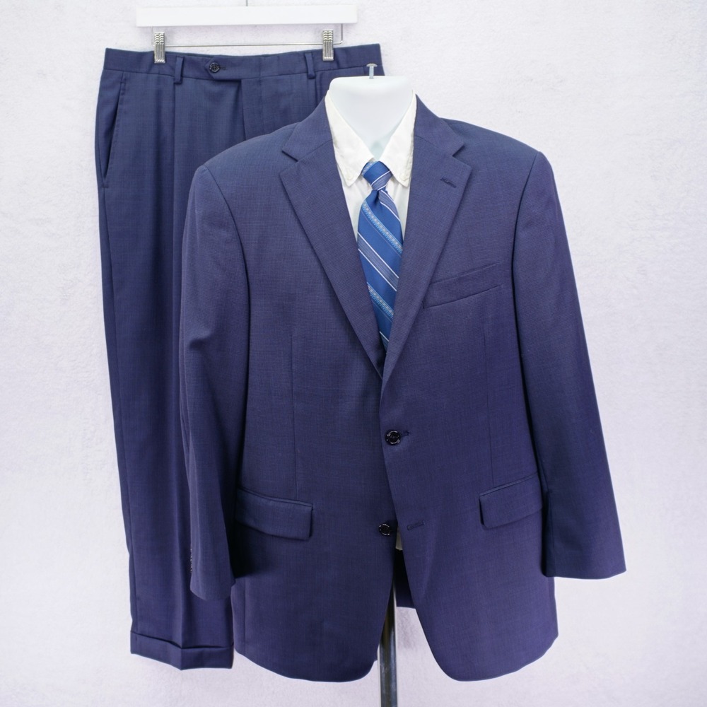Hart Schaffner Marx Wool Blue Check 2 Piece Suit 40R 36 / 31 Mid Rise Pleated Cu